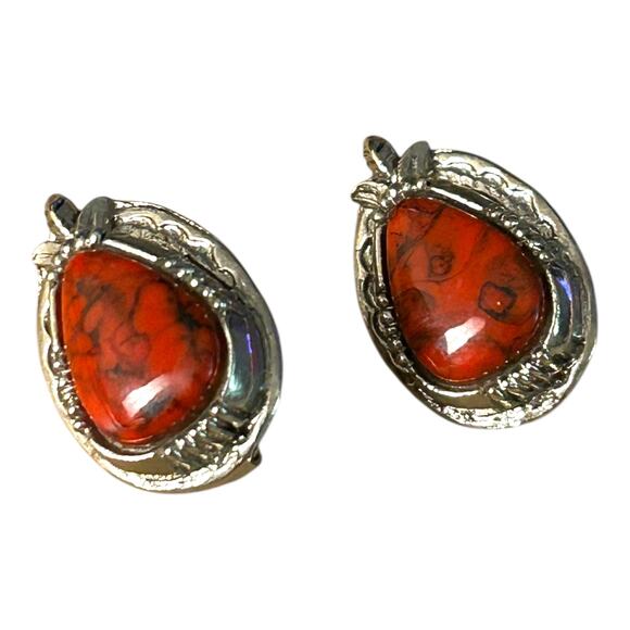 Vintage Art Arthur Pepper Clip On Earrings Faux Red Turquoise Silver Tone - Picture 1 of 6